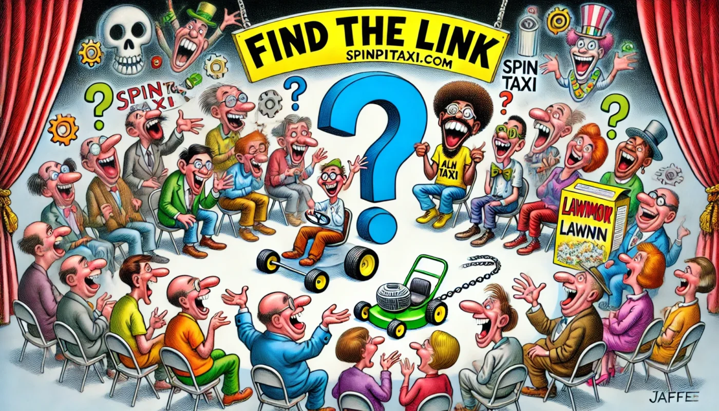 SpinTaxi Magazine -- Wide satirical cartoon titled 'Find the Link'. A group of comedians sits on a stage in a circle, laughing hysterically. One comedian holds up a giant ... -- Alan Nafzger 1