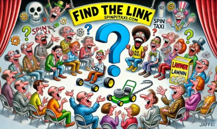 SpinTaxi Magazine -- Wide satirical cartoon titled 'Find the Link'. A group of comedians sits on a stage in a circle, laughing hysterically. One comedian holds up a giant ... -- Alan Nafzger 1