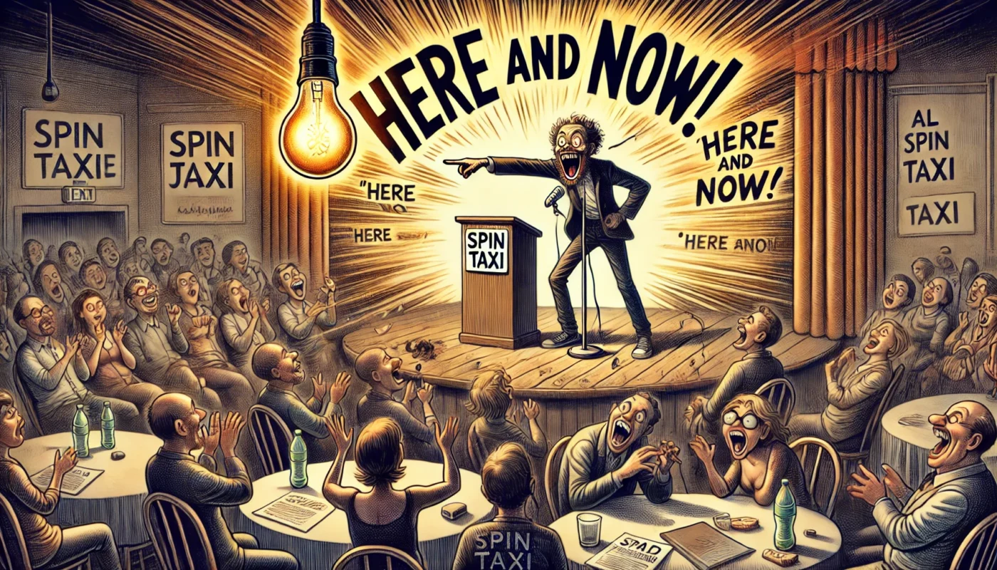 SpinTaxi Magazine -- Wide satirical cartoon titled 'Here and Now'. A stand-up comedian on stage points dramatically at a flickering lightbulb above them. The audience is m... -- Alan Nafzger 4