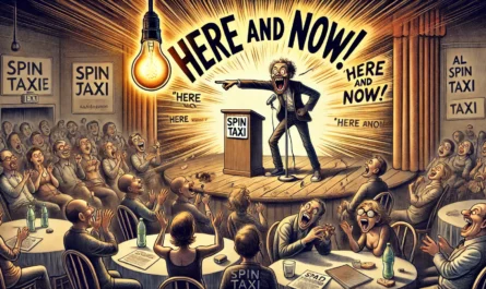 SpinTaxi Magazine -- Wide satirical cartoon titled 'Here and Now'. A stand-up comedian on stage points dramatically at a flickering lightbulb above them. The audience is m... -- Alan Nafzger 4