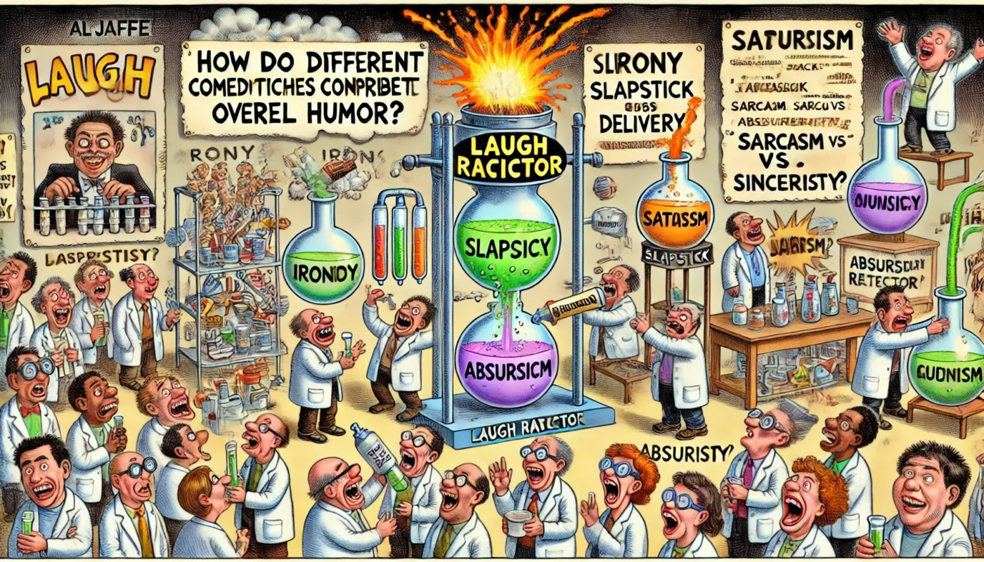 SpinTaxi Magazine -- Wide satirical cartoon titled 'How Do Different Comedic Techniques Contribute to Overall Humor '. A chaotic comedy laboratory where various comedic st... -- Alan Nafzger
