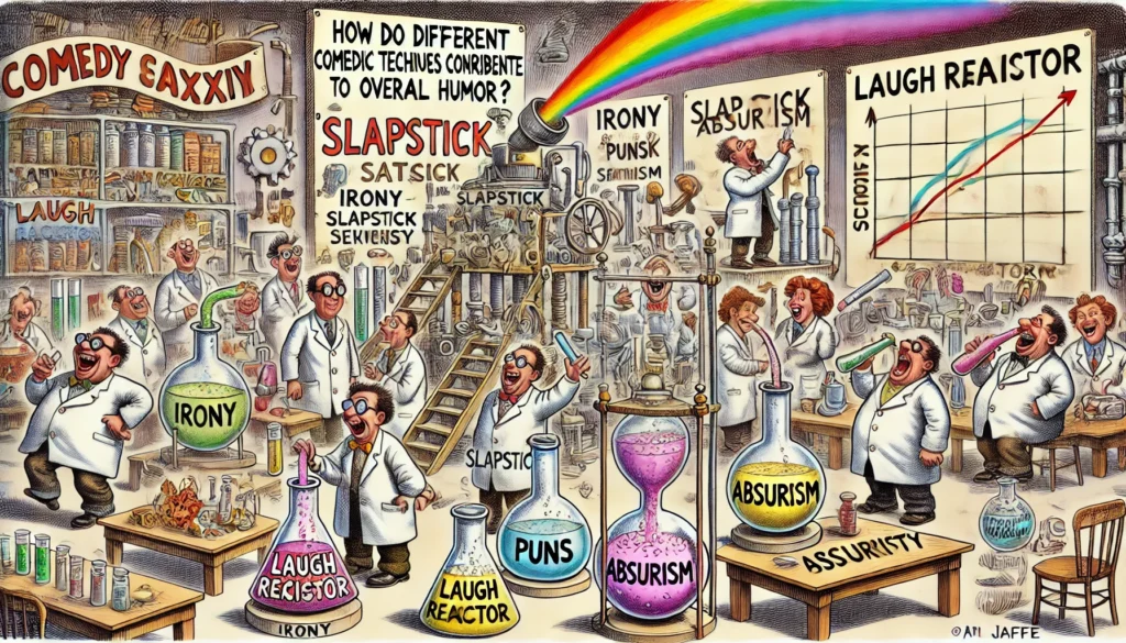 SpinTaxi Magazine -- Wide satirical cartoon titled 'How Do Different Comedic Techniques Contribute to Overall Humor '. A chaotic comedy laboratory where various comedic st... -- Alan Nafzger 1