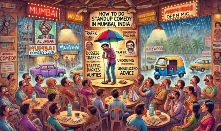 SpinTaxi Magazine -- Wide satirical cartoon titled 'How to Do Standup Comedy in Mumbai, India'. Scene 1 A crowded Mumbai comedy club with ceiling fans, neon signs, and po... -- Alan Nafzger 1