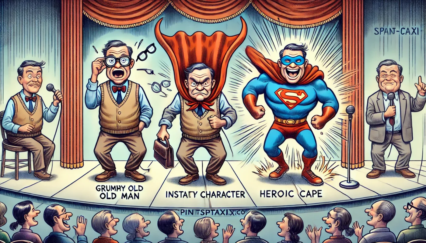 SpinTaxi Magazine -- Wide satirical cartoon titled 'Instant Character'. A stand-up comedian mid-transformation into three exaggerated personas a grumpy old man, a bubbly ... -- Alan Nafzger 1