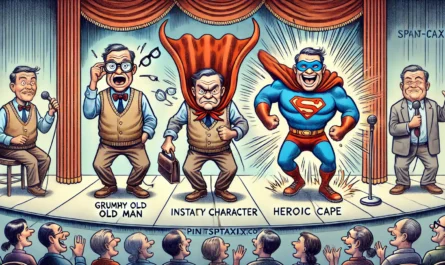 SpinTaxi Magazine -- Wide satirical cartoon titled 'Instant Character'. A stand-up comedian mid-transformation into three exaggerated personas a grumpy old man, a bubbly ... -- Alan Nafzger 1