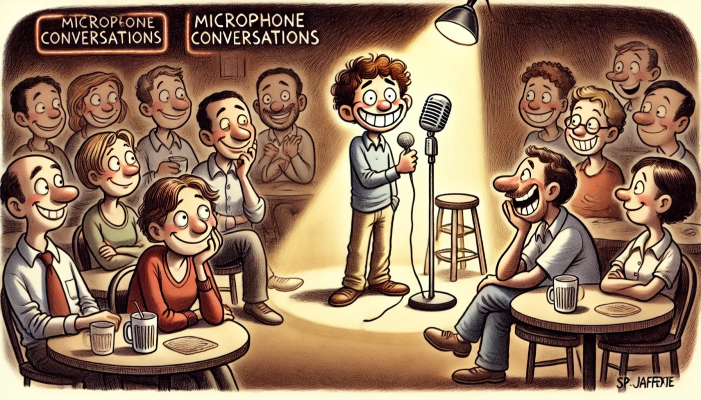 SpinTaxi Magazine -- Wide satirical cartoon titled 'Microphone Conversations'. A cozy, dimly-lit comedy club with a nervous young comedian holding a microphone and casuall... -- Alan Nafzger 2