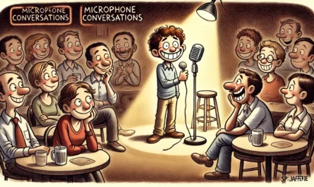 SpinTaxi Magazine -- Wide satirical cartoon titled 'Microphone Conversations'. A cozy, dimly-lit comedy club with a nervous young comedian holding a microphone and casuall... -- Alan Nafzger 2