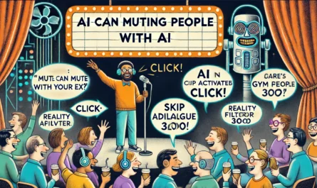 SpinTaxi Magazine -- Wide satirical cartoon titled 'Opening Muting People with AI'. A stand-up comedy club scene with a charismatic comedian on stage holding a mic and ge... -- Alan Nafzger 2