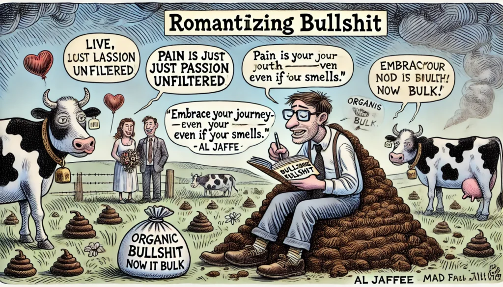 SpinTaxi Magazine -- Wide satirical cartoon titled 'Romanticizing Bullshit'. A poetic social media influencer sits in a field of literal cow manure, writing inspirational ... -- Alan Nafzger 2