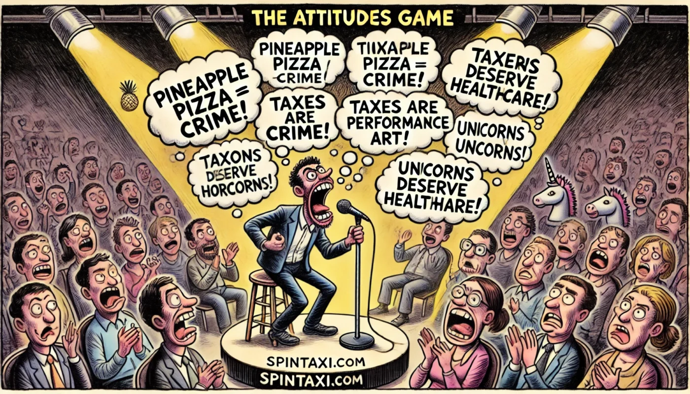 SpinTaxi Magazine -- Wide satirical cartoon titled 'The Attitudes Game'. A passionate stand-up comic on stage rants into a mic with floating thought bubbles overhead 'Pin... -- Alan Nafzger 2