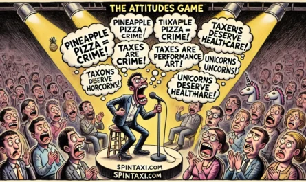 SpinTaxi Magazine -- Wide satirical cartoon titled 'The Attitudes Game'. A passionate stand-up comic on stage rants into a mic with floating thought bubbles overhead 'Pin... -- Alan Nafzger 2