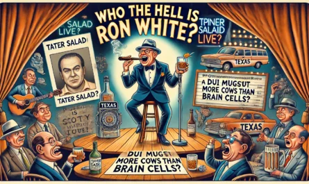 SpinTaxi Magazine -- Wide satirical cartoon titled 'Who the Hell Is Ron White '. A stage lit with smoky spotlights features a laid-back, cigar-holding comedian in a suit w... -- Alan Nafzger 2