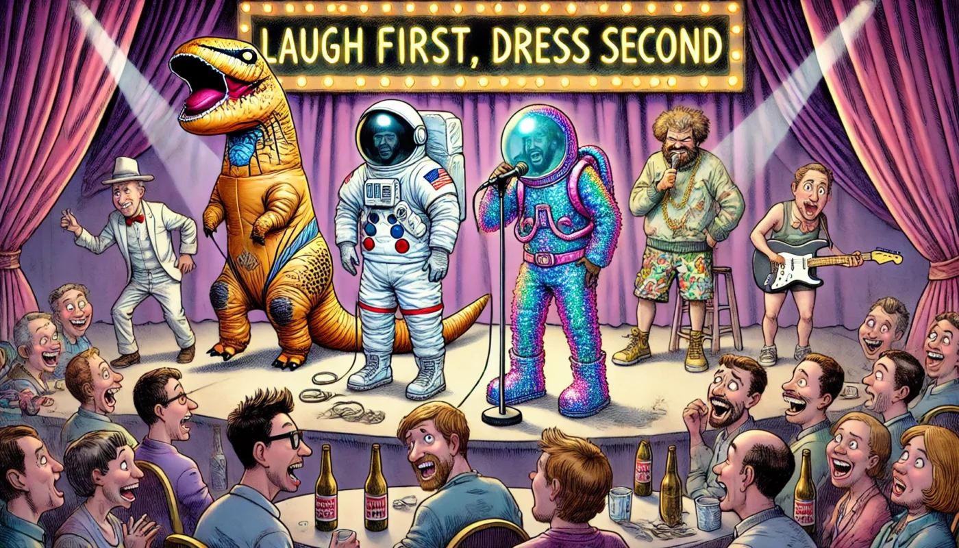 Standup Comedy - A final wide-format satirical cartoon showing a group of stand-up comedians on stage in absurd, over-the-top outfits. One wears an inflatable dinosaur... - Alan Nafzger 1