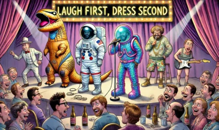 Standup Comedy - A final wide-format satirical cartoon showing a group of stand-up comedians on stage in absurd, over-the-top outfits. One wears an inflatable dinosaur... - Alan Nafzger 1