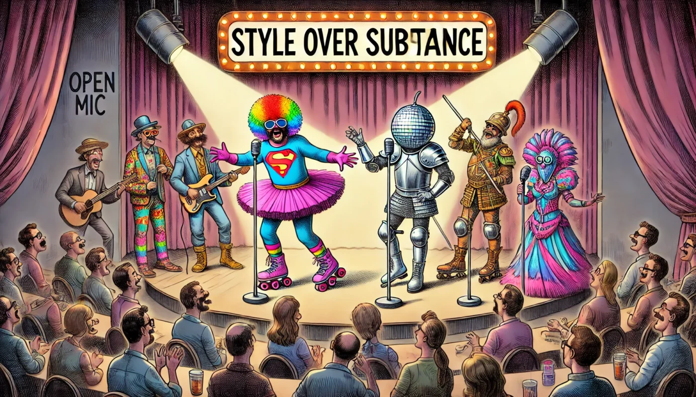 Standup Comedy - A wide-format satirical cartoon showing more stand-up comedians on stage wearing ridiculous and extravagant outfits. One comic is dressed in a superhe... - Alan Nafzger 2