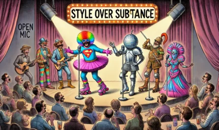 Standup Comedy - A wide-format satirical cartoon showing more stand-up comedians on stage wearing ridiculous and extravagant outfits. One comic is dressed in a superhe... - Alan Nafzger 2