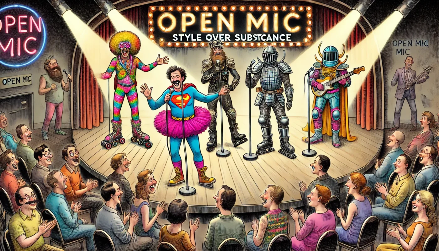 Standup Comedy - A wide-format satirical cartoon showing more stand-up comedians on stage wearing ridiculous and extravagant outfits. One comic is dressed in a superhe... - Alan Nafzger 3