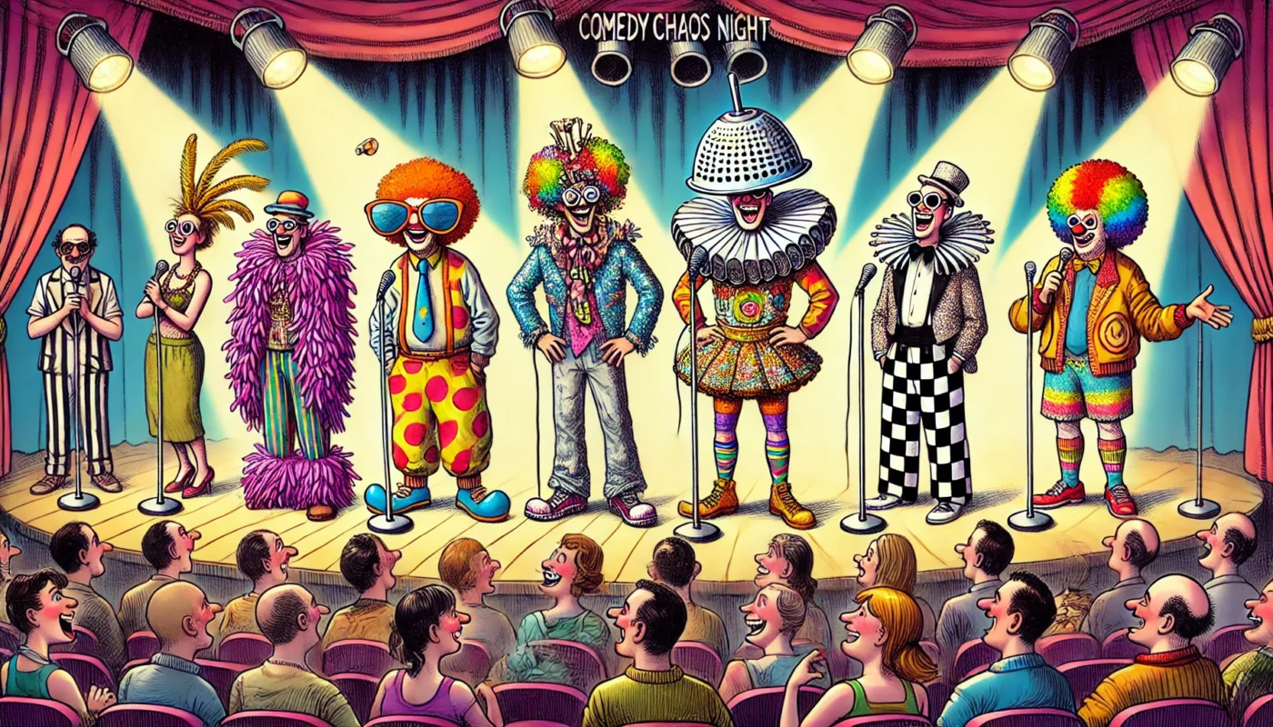 Standup Comedy - A wide-format satirical cartoon showing stand-up comedians on stage wearing wild and crazy outfits. Each comedian is dressed in exaggerated, mismatche... - Alan Nafzger 5