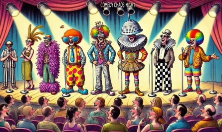 Standup Comedy - A wide-format satirical cartoon showing stand-up comedians on stage wearing wild and crazy outfits. Each comedian is dressed in exaggerated, mismatche... - Alan Nafzger 5