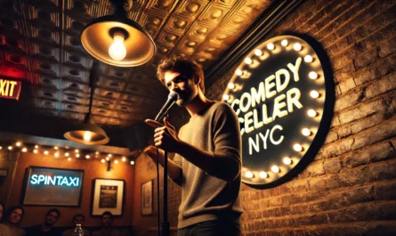 The Comedy Cellar in Manhattan - A close-up interior shot of a stand-up comedian on stage at a small, iconic comedy club inspired by the Comedy Cellar in NYC. The comedian stands unde... - Alan Nafzger 2