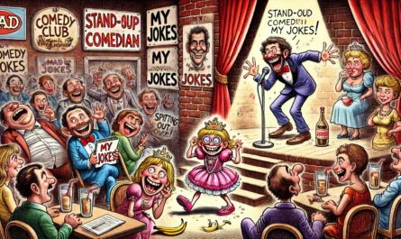 Wide satirical cartoon in the style of SpinTaxi Magazine. A lively comedy club scene with a brick wall stage where a stand-up comedian deliv