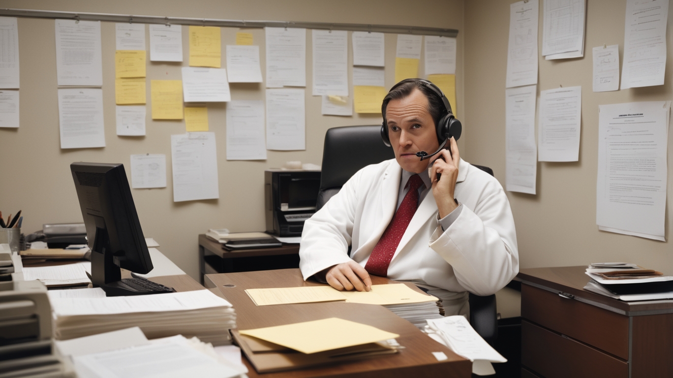 A cluttered government office bursting with absurdity. A comedy writer in a bathrobe sits at a desk labeled “Department of Sketch Approvals,” surrounded by six identical rubber-stamped