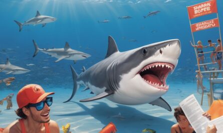 A crowded July beach scene with sunbathers, lifeguards, and swimmers, but in the ocean just offshore, a group of politically divided sharks are holding (1)