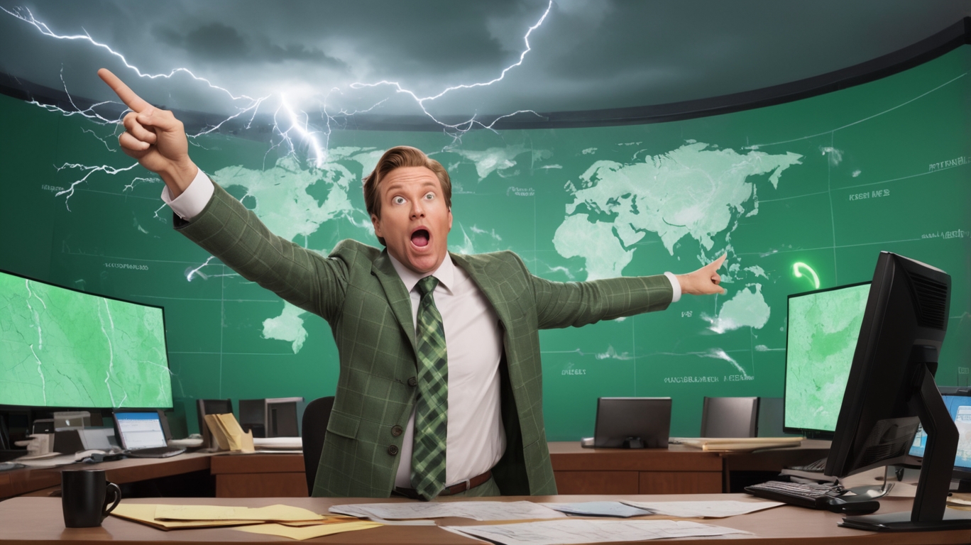 A newsroom in chaos. A weatherman in a loud plaid suit points dramatically at a green screen showing a hurricane shaped like a middle finger. Lightning crackles through the studio ceiling