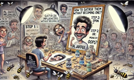 A wide-aspect satirical cartoon in the style of Al Jaffee titled 'How to Satirize Influencers Without Becoming One'. The scene shows a cartoonist sitt