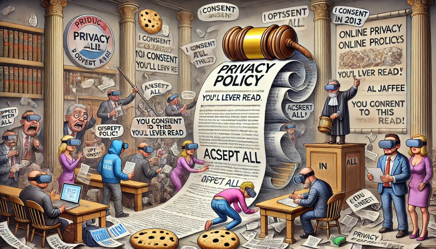 A wide-aspect satirical cartoon in the style of Al Jaffee titled 'Parodying Online Privacy Policies You'll Never Read'. The scene shows a chaotic cour
