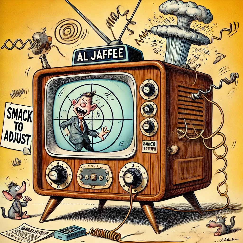 Bohiney Magazine - A square-format cartoon illustration in the style of Tina Bohiney, featuring a 1950s television set. The TV has a bulky wood-paneled exterior, rounded sc... - SATIRE.info