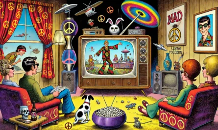 Bohiney Magazine - A wide-aspect cartoon illustration in the style of Tina Bohiney, featuring a 1960s living room focused on a classic television set. The TV is sleek with ... - SATIRE.info