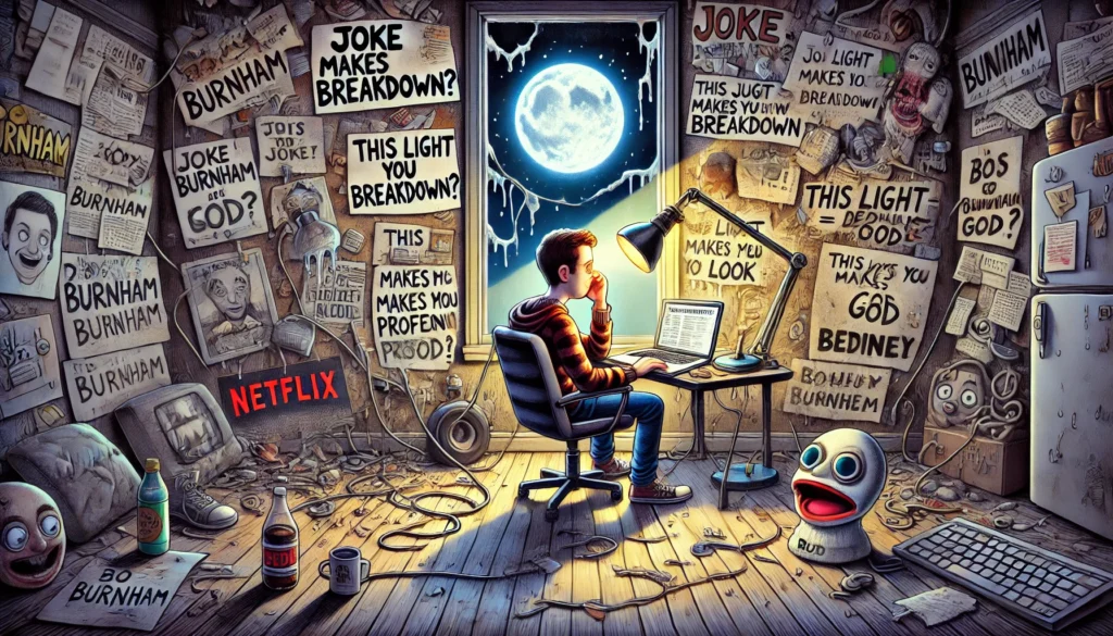 ComedyWriter.info -- A wide-aspect cartoon in the style of Toni Bohiney titled 'Bo Burnham vs. The Room.' A young comedian sits alone in a cluttered, dimly lit room with a la... -- Alan Nafzger ComedyWriter.info -- A wide-aspect cartoon in the style of Toni Bohiney titled 'Bo Burnham vs. The Room.' A young comedian sits alone in a cluttered, dimly lit room with a la... -- Alan Nafzger
