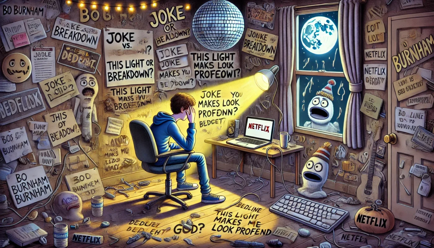 ComedyWriter.info -- A wide-aspect cartoon in the style of Toni Bohiney titled 'Bo Burnham vs. The Room.' A young comedian sits alone in a cluttered, dimly lit room with a la... -- Alan Nafzger 1