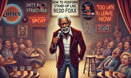 ComedyWriter.info -- A wide-aspect, satirical cartoon in the style of Toni Bohiney titled 'How to Perform Stand-Up Like Redd Foxx.' At the center, an older Black man with a g... -- Alan Nafzger 1