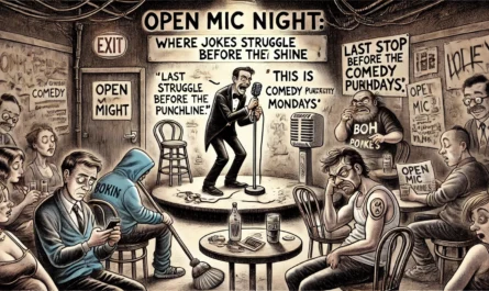 ComedyWriter.info -- A wide-aspect satirical cartoon titled 'Open Mic Night Where Jokes Struggle Before They Shine.' The scene is a small, gritty comedy bar with mismatch... -- Alan Nafzger 1