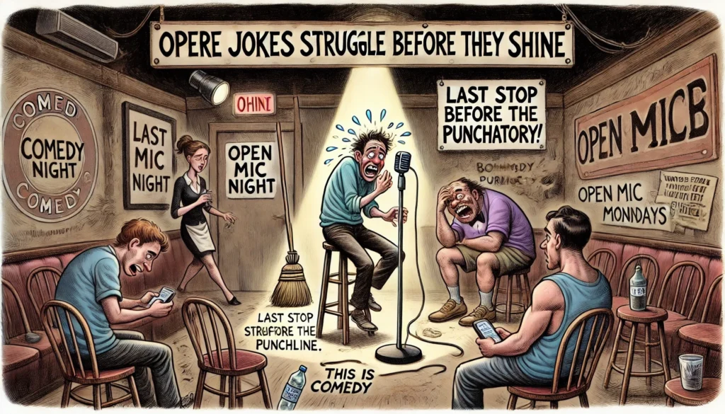 ComedyWriter.info -- A wide-aspect satirical cartoon titled 'Open Mic Night Where Jokes Struggle Before They Shine.' The scene is a small, gritty comedy bar with mismatch... -- Alan Nafzger 2 ComedyWriter.info -- A wide-aspect satirical cartoon titled 'Open Mic Night Where Jokes Struggle Before They Shine.' The scene is a small, gritty comedy bar with mismatch... -- Alan Nafzger 2